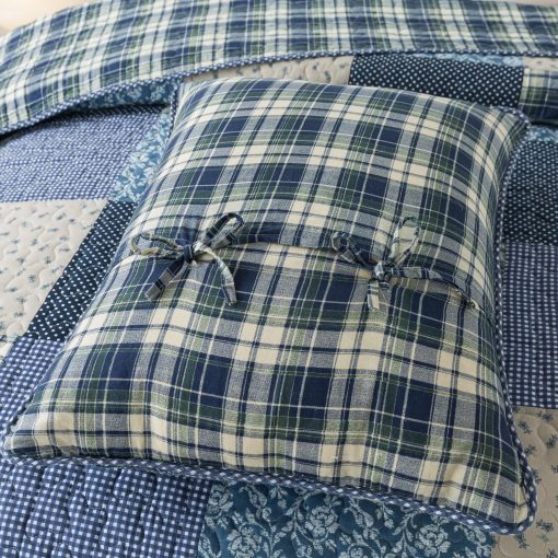 Juego de Edredon Acolchado a Cuadros en Azul Symphony - Queen con 2 Fundas, Colcha de Patchwork de Estilo Granja con Patron de Cuadros y Rayas, Ligero y Acogedor Ropa de Cama de Cuadros Country - Imagen 5
