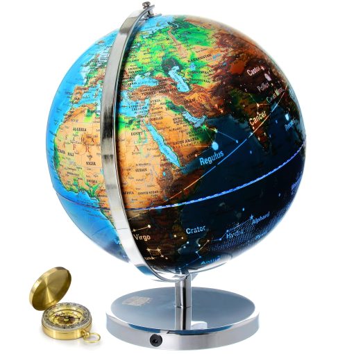 Globo del mundo interactivo para adultos - Globo grande de 13 pulgadas con soporte - Globo terrestre con constelaciones iluminadas que se encienden por la noche - Mapa geografico para ninos - Regalo de aprendizaje educativo - Brujula para navegarlo!