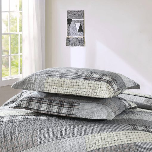 Juego de Edredon BCOTTOND Tamano Queen 100% Algodon Estilo Granja Cuadros Patchwork Reversible Edredon Juego de Ropa de Cama Acolchado Ligero para Cama Queen, 3 piezas, Gris/Crema/Beige - Imagen 6