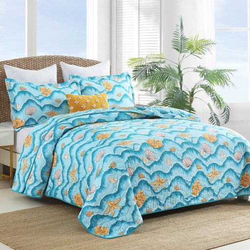 Juego de colcha Queen Finlonte, colcha Queen de algodon ligero, diseno costero azul colchas tamano Queen, juego de ropa de cama de colcha Queen suave y transpirable para todas las estaciones, 3 piezas - Imagen 2