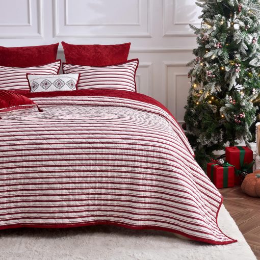 Maravilloso Juego de Edredon Navideño, Set de Edredon de Terciopelo Rojo de Lujo Tamaño Queen, Juego de Edredon de Algodon a Rayas de 5 Piezas Ligero, Cubrecamas Reversible Suave de Estilo Granja con Fundas a Juego para Todas las Estaciones - Imagen 5