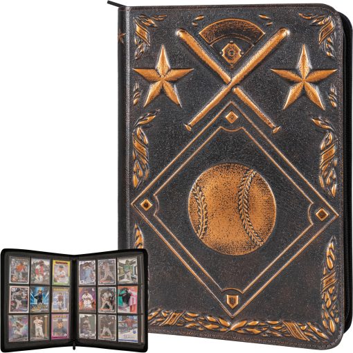 Carpeta de tarjetas de beisbol: impresionante carpeta de cuero PU en relieve 3D y coloreada a mano - album de 9 bolsillos con cremallera - Libro de mangas de carga lateral de 360 para tarjetas de beisbol de intercambio - Funciona con Topps, Bowman, Panini..