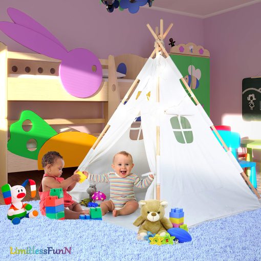 Tienda de campana para ninos LimitlessFunN Cotton Teepee | Incluye Bolsillos, Postes de Madera, Base Impermeable, Luces de Estrellas, Plumas y Estuche | Casa de Juegos Infantil para Ninos, Ninas y Ninos, 47"D x 47"W x 57"H - Imagen 5