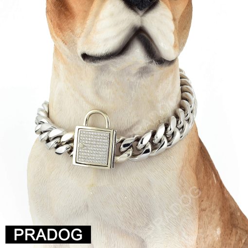 Collar de Cadena para Perro con Cierre de Circonia, Collar de 10MM de Metal Plateado de Lujo para Perro Bling Gato Collar Pequeno (10MM, 12") - Imagen 4