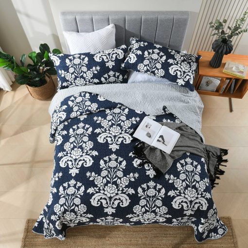 Juego de Colcha Qiqiong Queen, Azul Marino 100% Algodon Colcha Floral Acolchada Queen Tamaño Granja Paisley Reversible Juego de Ropa de Cama Ligero Funda de Edredon para Todas las Temporadas, 3 Piezas - Imagen 5
