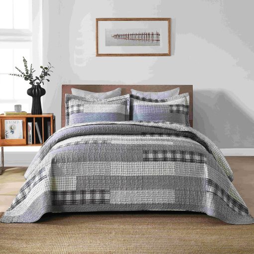 Edredon Queen Size Mescore, Juego de Edredon de Retazos de Algodon 100% Juego de Edredon Reversible y Ligero para Cama Queen Tamaño Completo Cubrecama para Cama Queen Todo el Año, Gris Azul Beige Marron 3 Piezas - Imagen 2