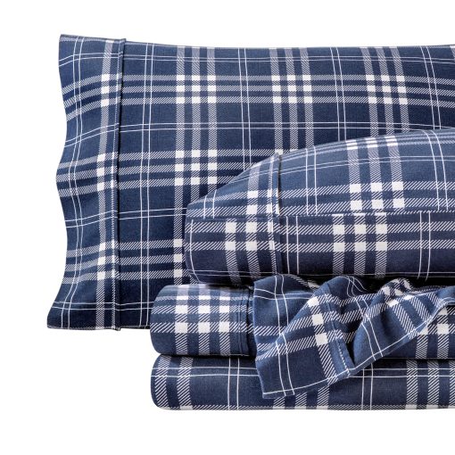 Juego de sabanas de franela Bare Home Prints, 100% algodon, suave y pesado - Franela de doble cepillado para mayor suavidad y comodidad - Bolsillo profundo - Sabanas (Split King, Stirling Plaid - Azul/Blanco)