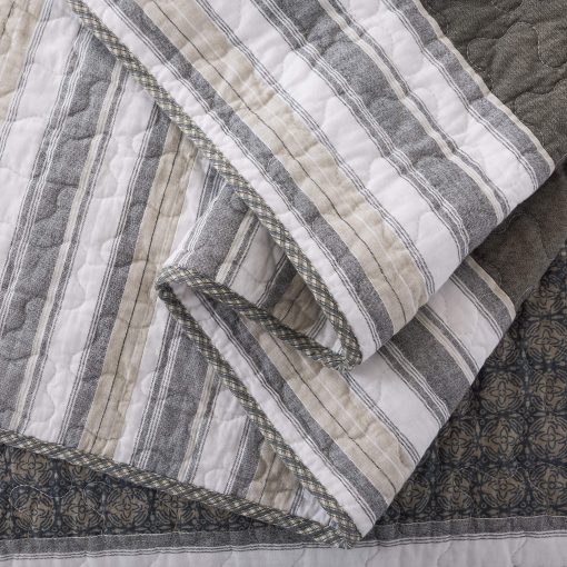 Juego de Edredon de Algodon Madrona 3 Piezas Soul & Lane - Tamano King con 2 Fundas de Almohada, Colcha Cuadrada Moderna y Masculina en Marron y Gris, Ropa de Cama a Rayas Contemporanea para Dormitorio de Hombres - Imagen 6