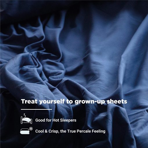 Juego de Sabanas Queen Size de 100% Algodon Organico con Tejido Percale | 300 Hilos | Certificado GOTS | Algodon de Fibra Larga | Fresco, Crispado y Transpirable | Ajuste para Colchones de hasta 17" de Bolsillo Profundo | Azul Oscuro - Imagen 4