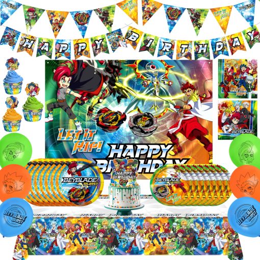 Juego de fiesta oficialmente autorizado de BEYBLADE BURST de Treasures Gifted - Sirve 16 invitados Set definitivo de suministros para fiestas BEYBLADE - Suministros para fiestas de cumpleaños de BEYBLADE - Manteles, platos, pancarta y mas de BEYBLADE