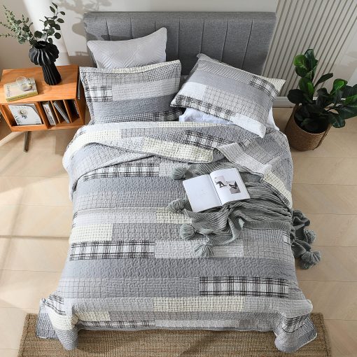 Juego de Edredon BCOTTOND Tamano Queen 100% Algodon Estilo Granja Cuadros Patchwork Reversible Edredon Juego de Ropa de Cama Acolchado Ligero para Cama Queen, 3 piezas, Gris/Crema/Beige - Imagen 5