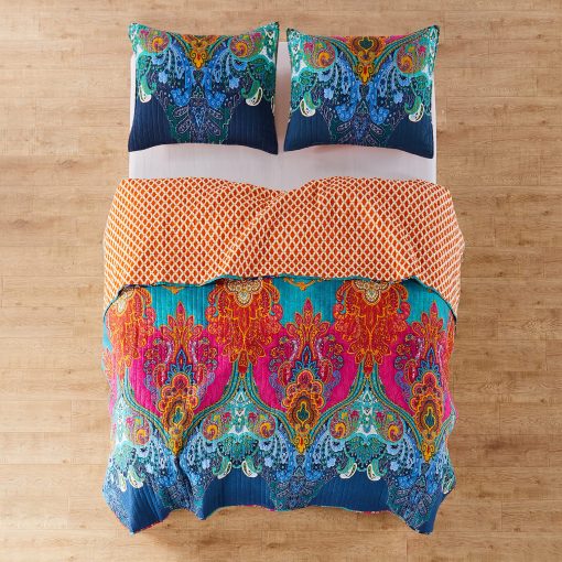 Set de colcha Levtex Home - Mackenzie - King/Cal King (106x92 pulg.) + Dos fundas de almohada King (36x20 pulg.) - Bohemio - Azul, Naranja, Amarillo, Verde - Reversible - Algodon - Imagen 3