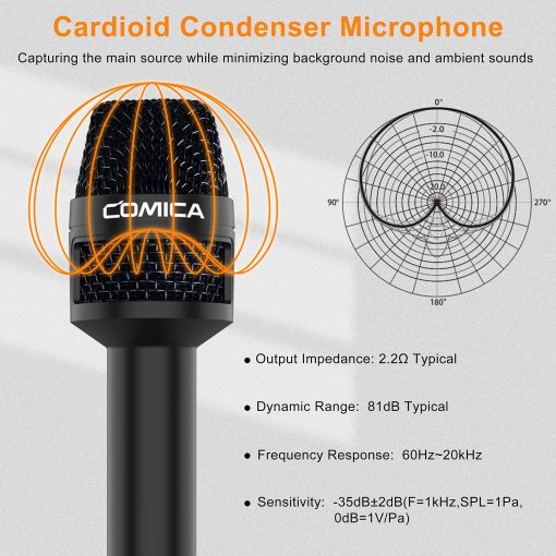 Microfono de entrevista de mano Comica, HRM-S Microfono de condensador cardioide TRRS de 3.5 mm para grabacion, discursos, escenario, microfono vocal para telefonos inteligentes, portatiles y camaras DSLR - Imagen 3