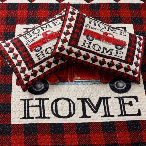 Juego de Cama de Edredon de Cabana de 3 Piezas para Rey - Camion Rojo Strain Home Sweet Home - Rustico Vida Silvestre Pais Reversible Edredon de Campamento con Fundas de Almohada Decorativas, Rojo/Blanco - Imagen 5