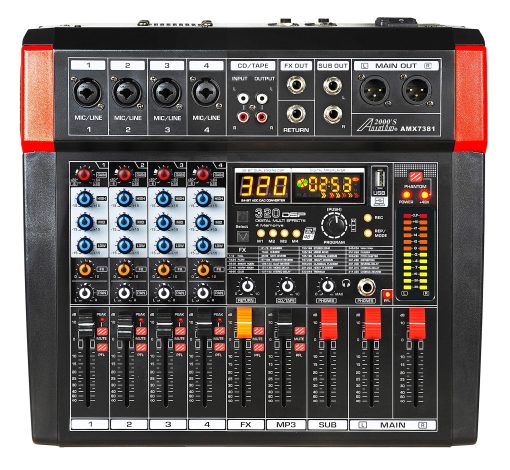 Mezclador de Audio Audio2000'S AMX7381 de Cuatro Canales con 320 Efectos de Sonido DSP, Sub Salida Estereo con Control de Nivel de Sub-Salida, Faders de Control de Nivel en Todos los Canales, y Interfaz USB/Computadora