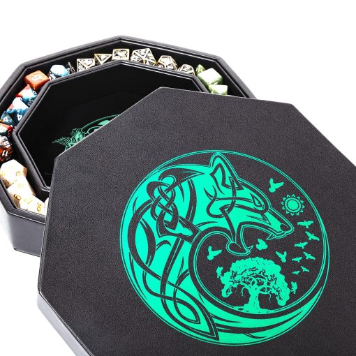 Bandeja de Dados DND - Bandeja de Dados Premium de 8 Pulgadas Dungeons and Dragons - Diseno Exquisito Detallado del arbol del Mundo Verde y Lobo Cuervo - Bandeja Perfecta para Tirar Dados de RPG con Almacenamiento de Dados de D&D