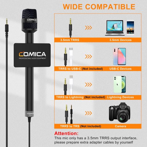 Microfono de entrevista de mano Comica, HRM-S Microfono de condensador cardioide TRRS de 3.5 mm para grabacion, discursos, escenario, microfono vocal para telefonos inteligentes, portatiles y camaras DSLR - Imagen 2