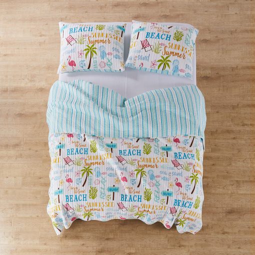 Juego de edredon homthreads by Levtex Home - Beach Days - Edredon King (106x92 pulg.) + Dos fundas de almohada King (36x20 pulg.) - Tematica playera - Azul, amarillo, verde, marron y rosa - Reversible - Tela de algodon - Imagen 4