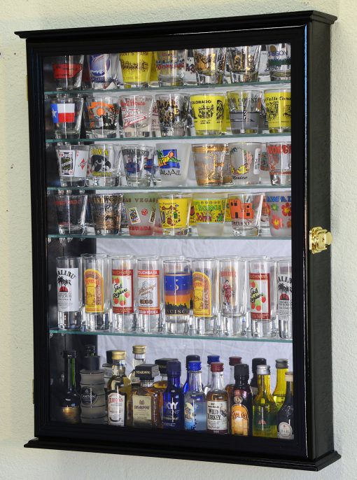 Gabinete exhibidor de vasos de chupito con espejo grande y 7 estantes de vidrio, color negro - Imagen 2