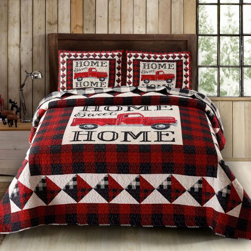 Juego de Cama de Edredon de Cabana de 3 Piezas para Rey - Camion Rojo Strain Home Sweet Home - Rustico Vida Silvestre Pais Reversible Edredon de Campamento con Fundas de Almohada Decorativas, Rojo/Blanco - Imagen 8