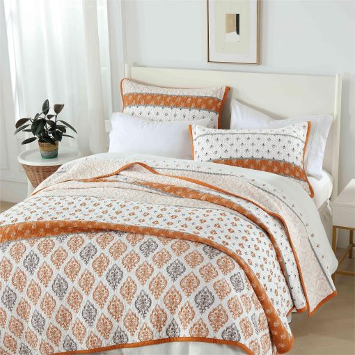 Juego de Edredon King Qiqiong, Floral 100% Algodon Juego de Ropa de Cama Edredon de Granja Tamano King Ligero Reversible Juego de Comforter para Cama King Colcha, 3 Piezas Naranja Blanco - Imagen 4