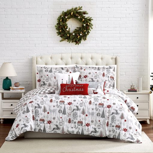 Set de Edredon navideño Southshore Fine Living, tamaño King con Fundas de almohada, Juego de Ropa de Cama navideña, Set de Edredon King/California King de 3 Piezas, arbol de Navidad y Reno Feliz Navidad, Rojo y Blanco - Imagen 2