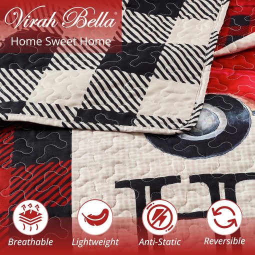 Juego de Cama de Edredon de Cabana de 3 Piezas para Rey - Camion Rojo Strain Home Sweet Home - Rustico Vida Silvestre Pais Reversible Edredon de Campamento con Fundas de Almohada Decorativas, Rojo/Blanco - Imagen 2