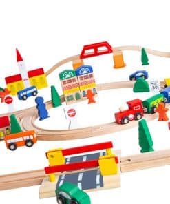 Juego de tren de madera de triple bucle de 100 piezas de