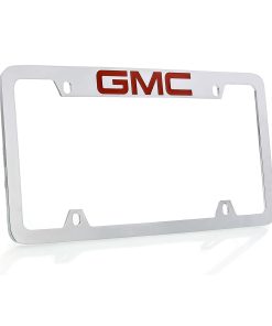 Portaplaca de Metal Plateado Cromado con Logo Rojo de GMC