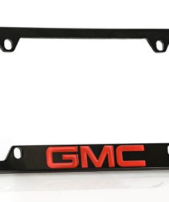 Portaplacas de metal recubierto de negro con logotipo rojo