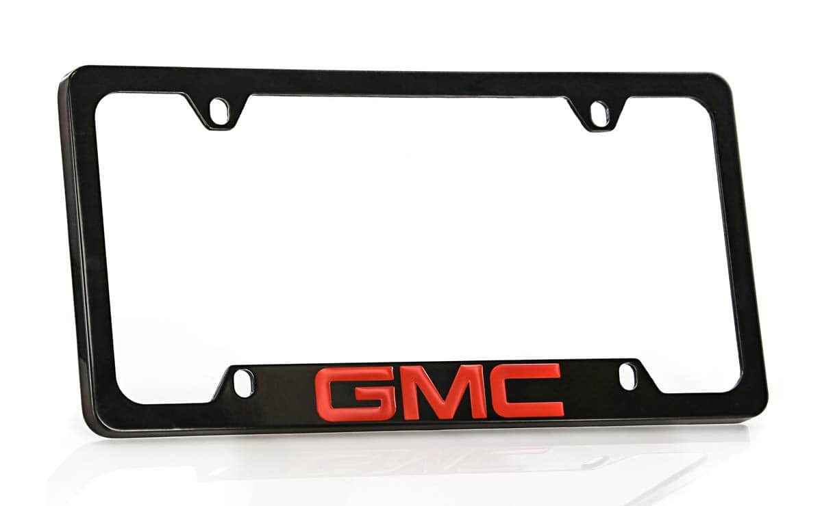 Portaplacas de metal recubierto de negro con logotipo rojo