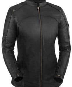 Chaqueta de moto de cuero con cuello scooter para mujer