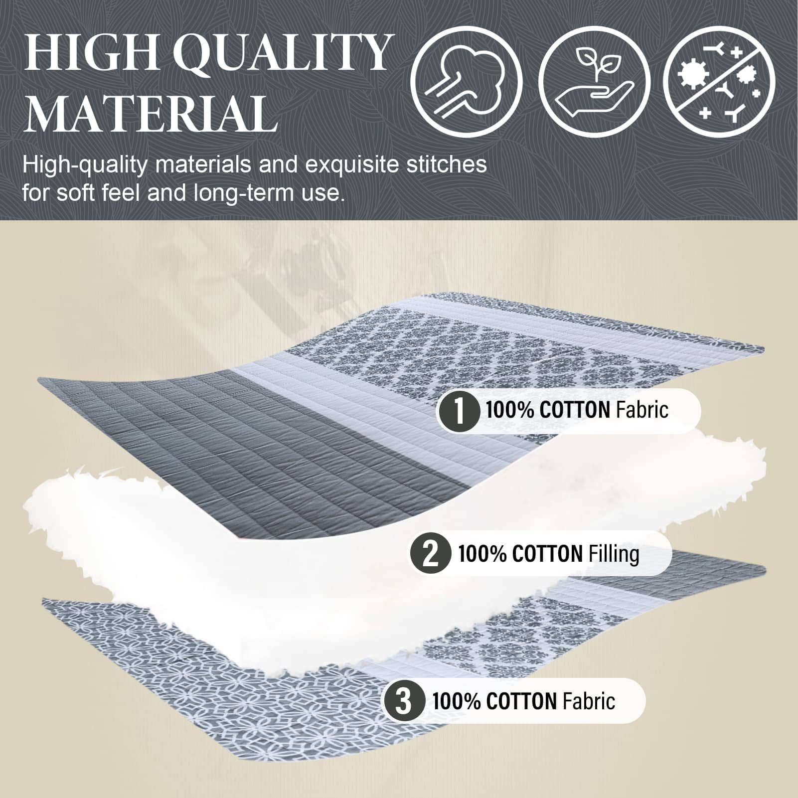 SahSahCasa Quilt Queen Size, Juego de colchas -Azul Grisáceo - Imagen 5