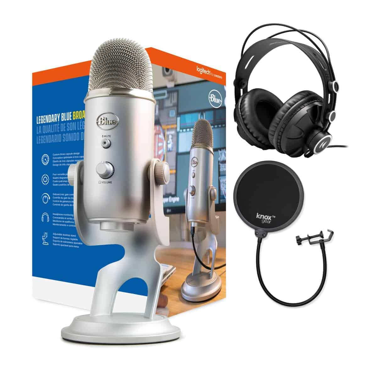 Micrófono USB Blue Yeti (Plata) con Auriculares y Filtro