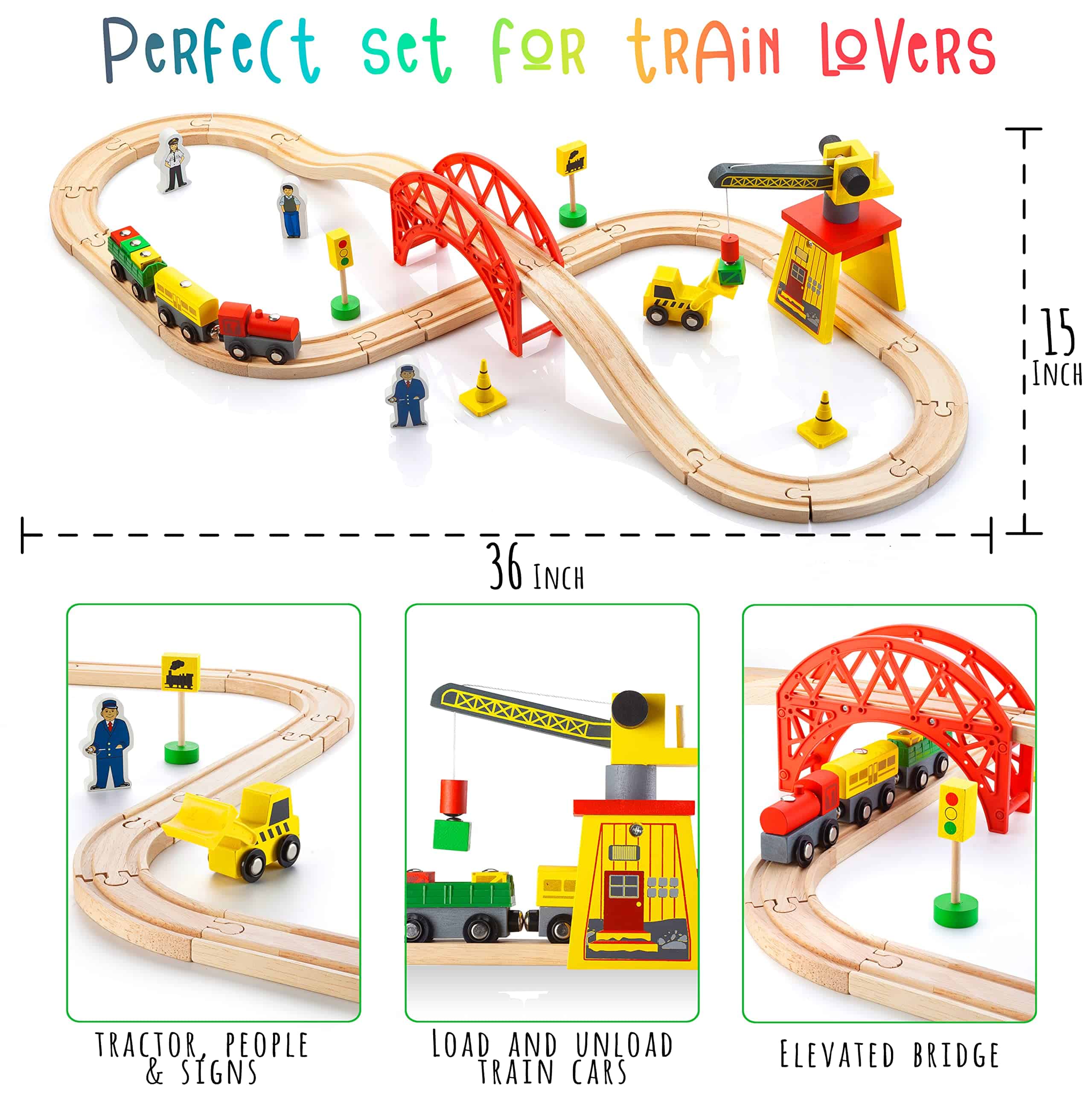 KipiPol Juegos de Tren de Madera para Niños 2-4-7 - 38 Pzas - Imagen 8