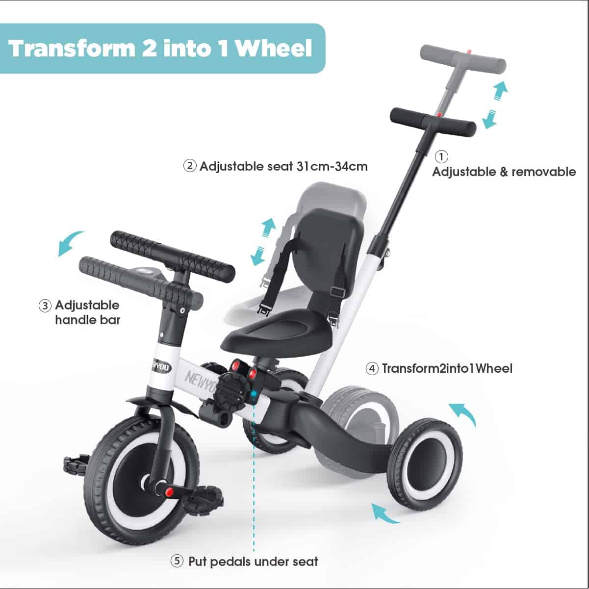 newyoo Bicicleta para niños, 4 en 1 Triciclo para 1, 2, 3 - Imagen 5