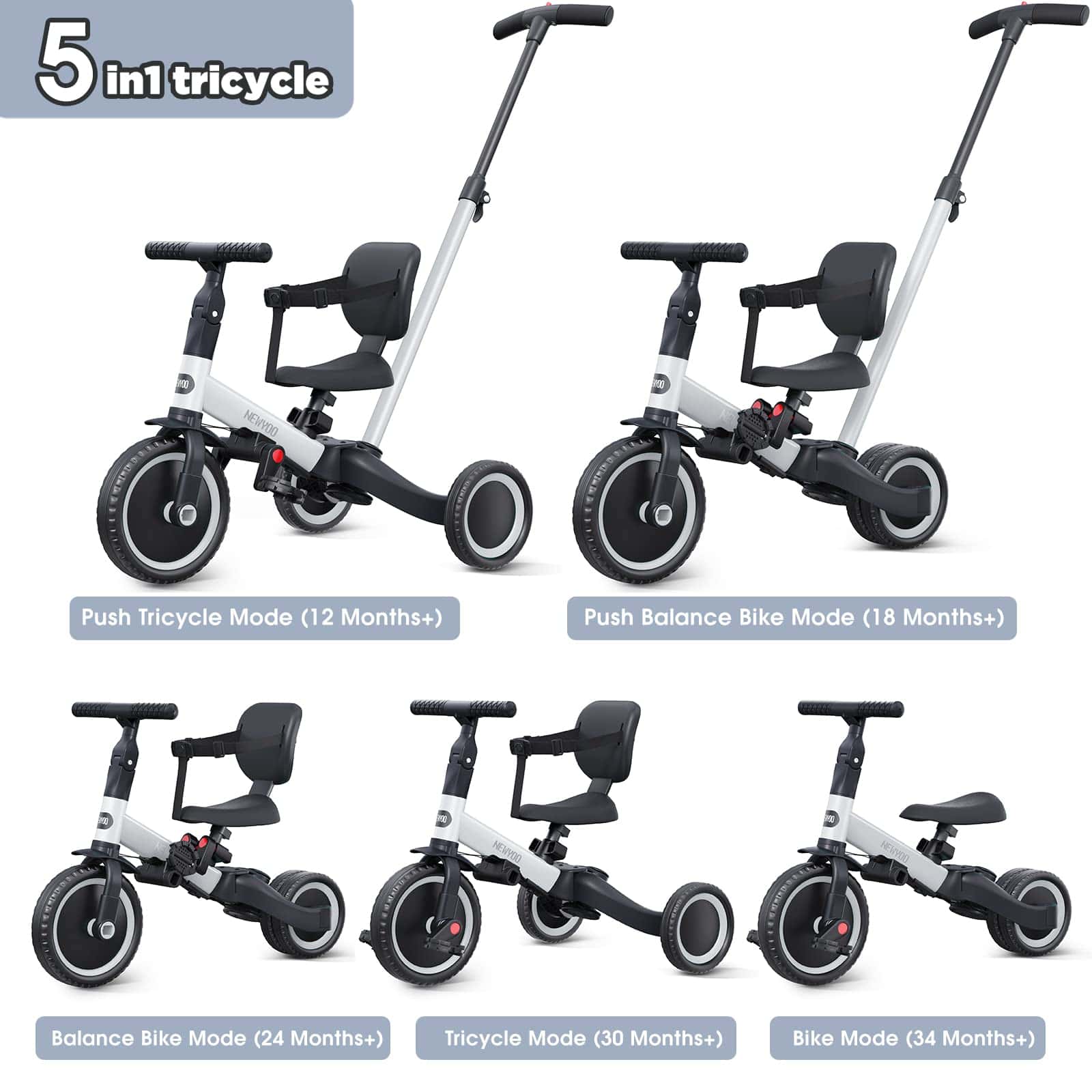 newyoo Bicicleta para niños, 4 en 1 Triciclo para 1, 2, 3 - Imagen 3