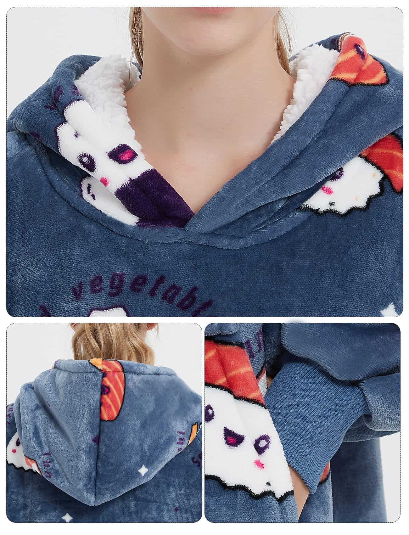 Manta con capucha para adultos con diseño de sushi y forro - Imagen 3