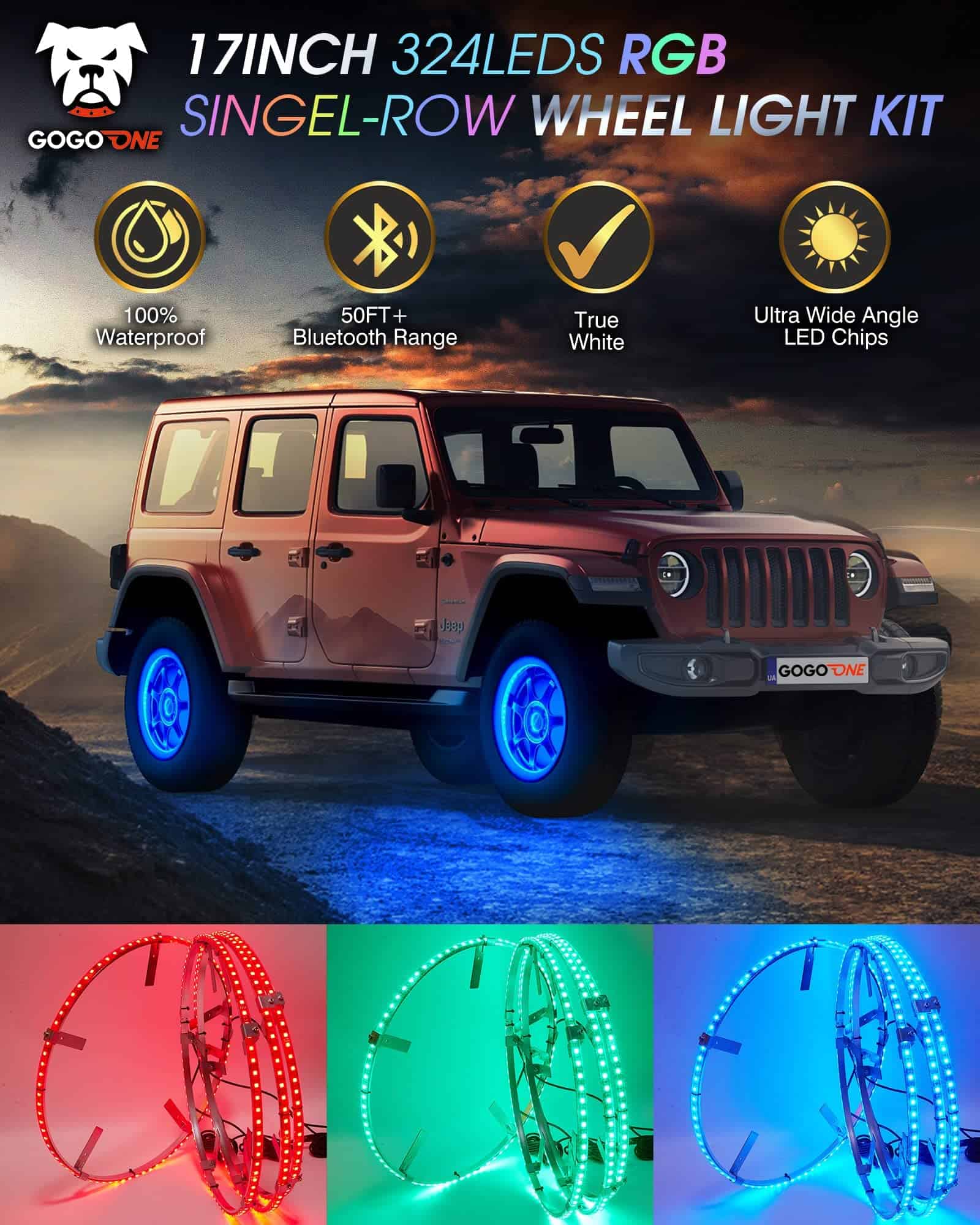 GOGOONE 4PCs Kit de Luces de Aro de Rueda RGB de 17” con - Imagen 5