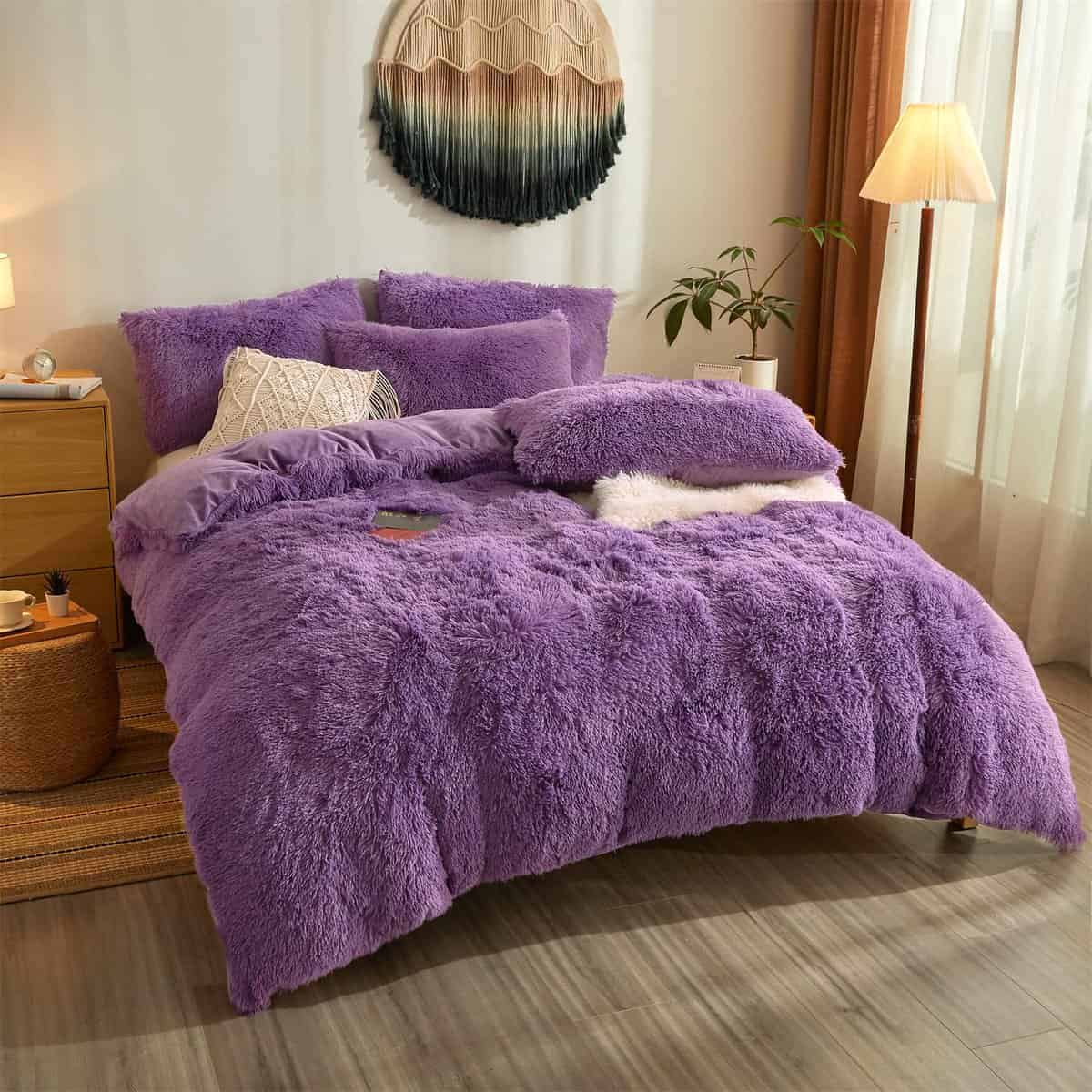 Juego de Edredón de Piel Sintética Morado para Queen -