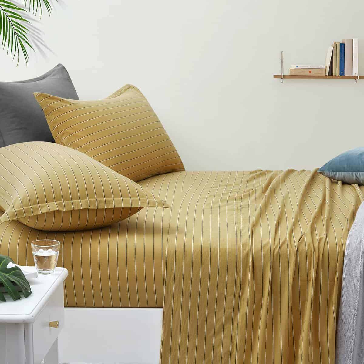 Juego de sábana ajustable de algodón lavado a rayas retro