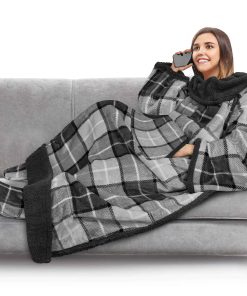 Manta PAVILIA con mangas y bolsillo para pies -Gris a cuadro