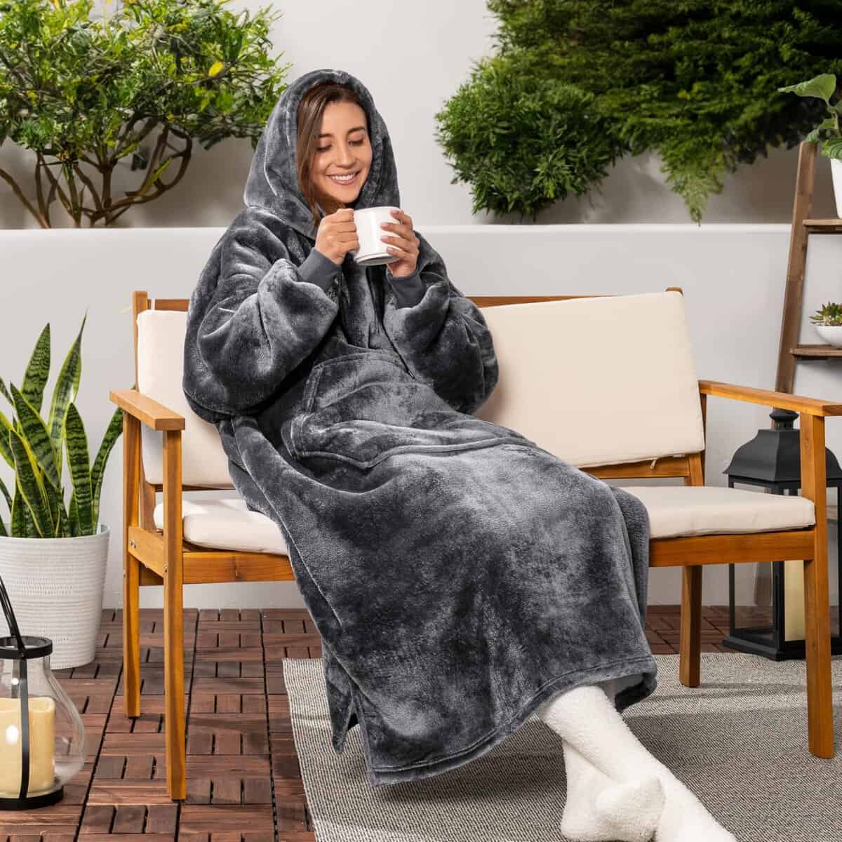 Manta con capucha PAVILIA para mujeres Gris, Manta usable - Imagen 3