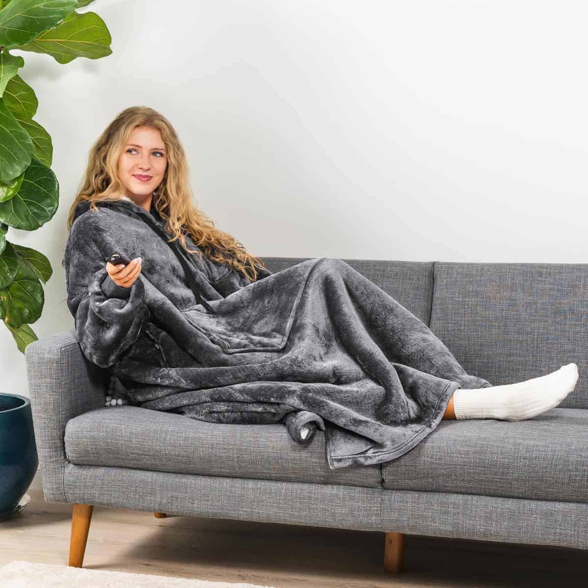 Manta con capucha PAVILIA para mujeres Gris, Manta usable - Imagen 6