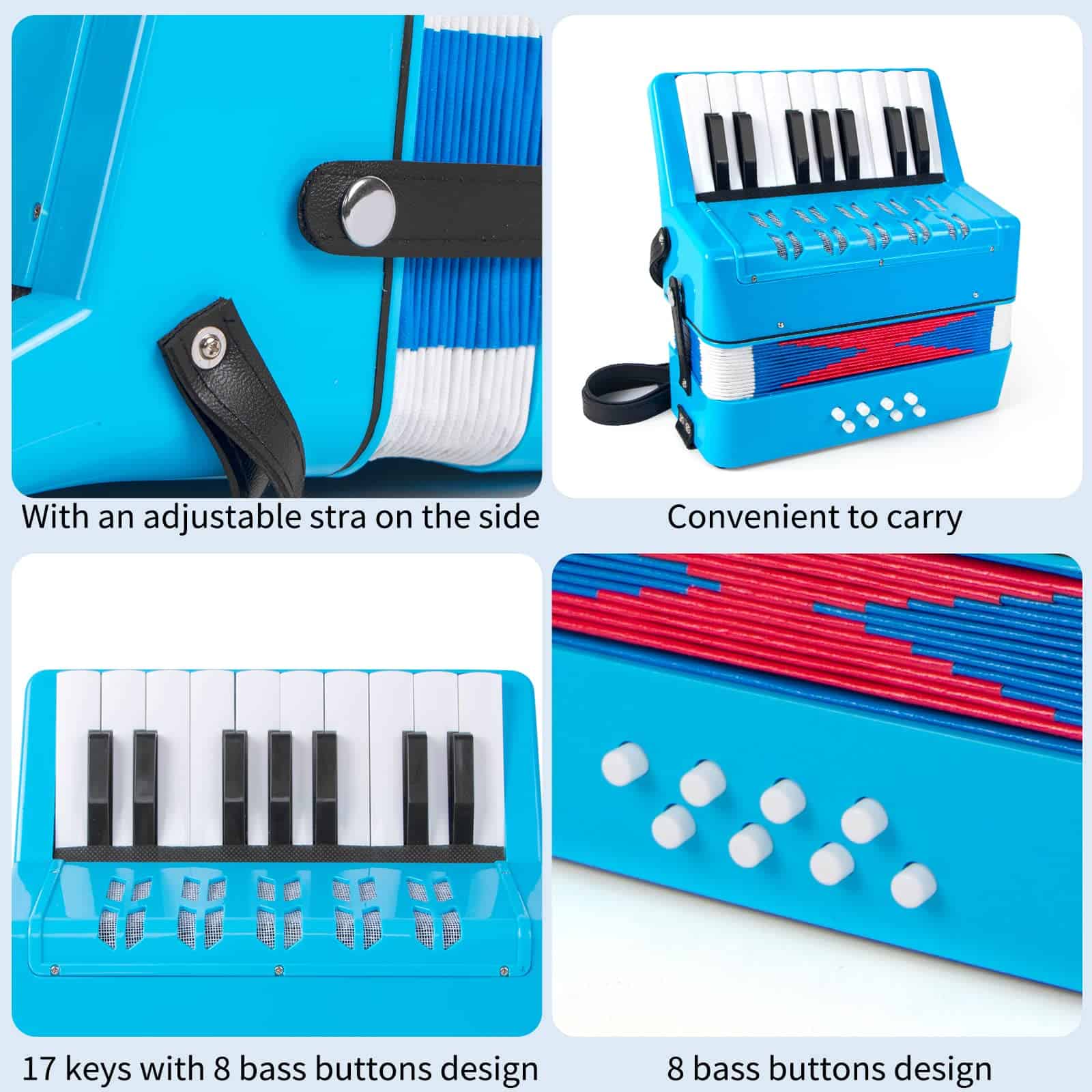 Acordeón, 17 Teclas Acordeón de Piano para Niños 8 Bajos - Imagen 7