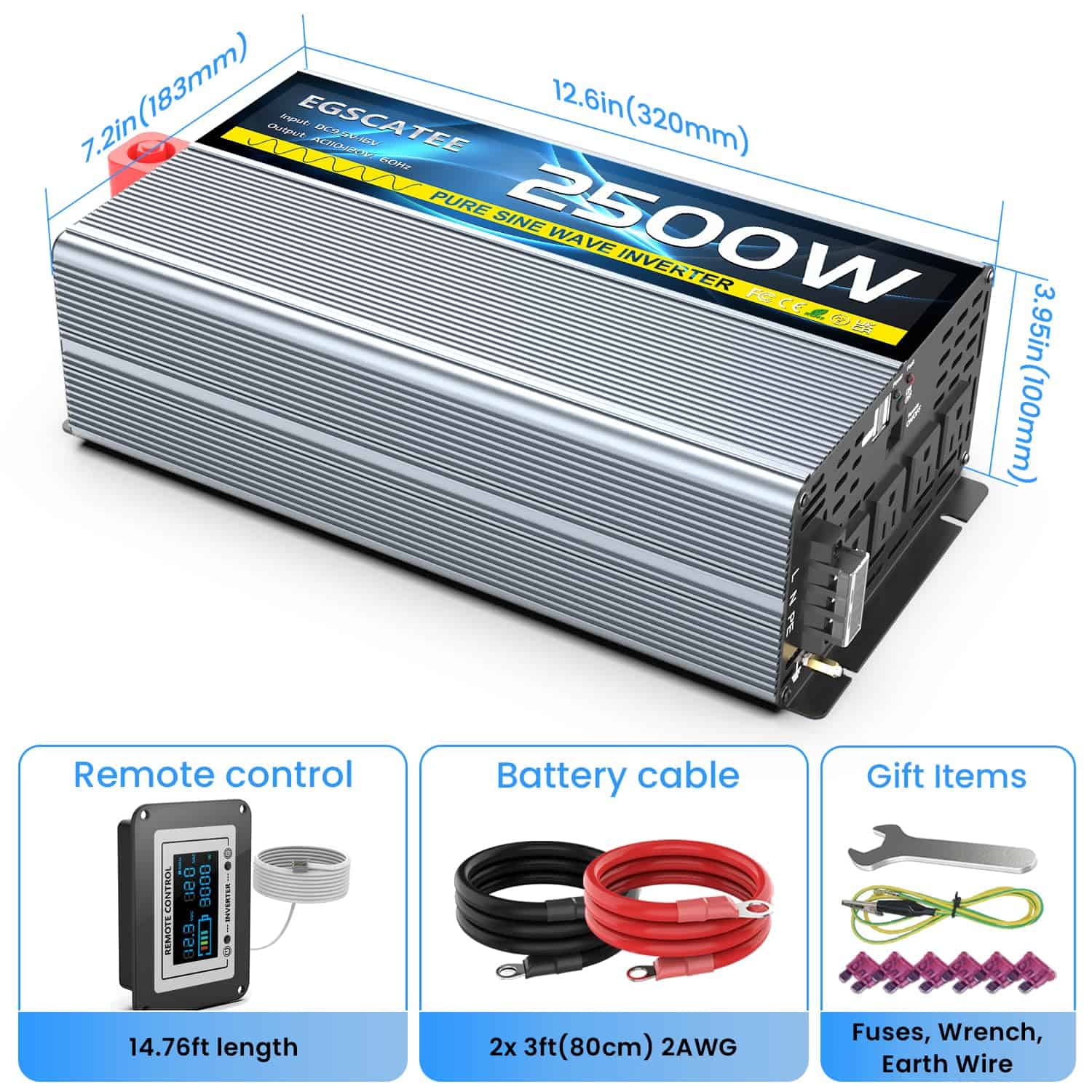 Inversor de Onda Sinusoidal Pura EGSCATEE 2500W 12V DC a - Imagen 8