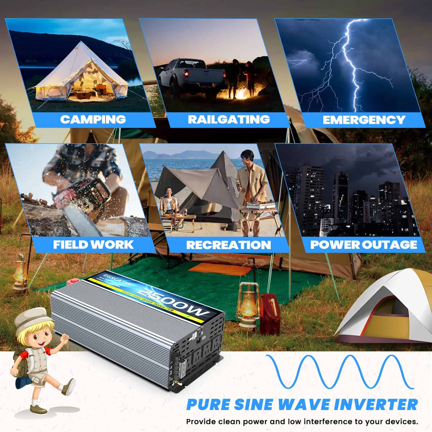 Inversor de Onda Sinusoidal Pura EGSCATEE 2500W 12V DC a - Imagen 6