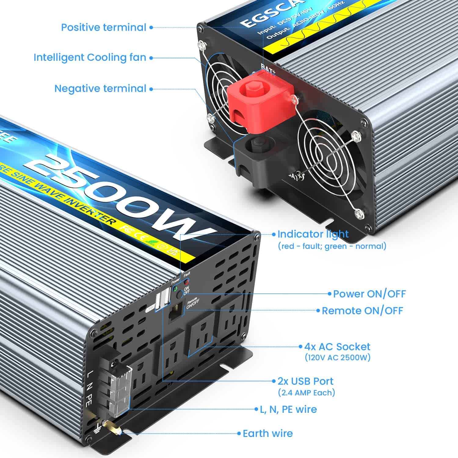 Inversor de Onda Sinusoidal Pura EGSCATEE 2500W 12V DC a - Imagen 7
