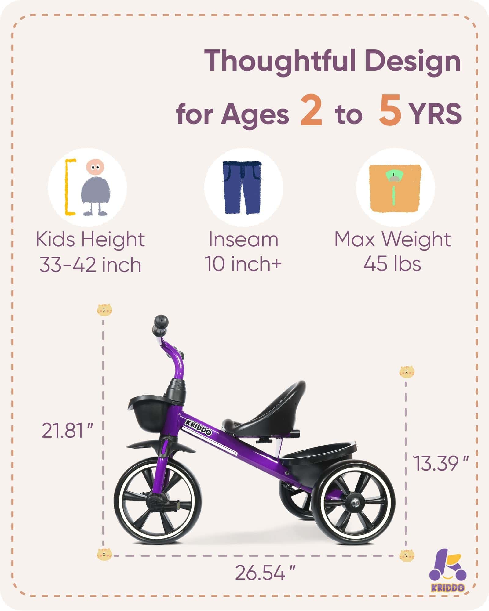 Triciclo para Niños KRIDDO Edad 24 Meses a 4 -Morado - Imagen 4