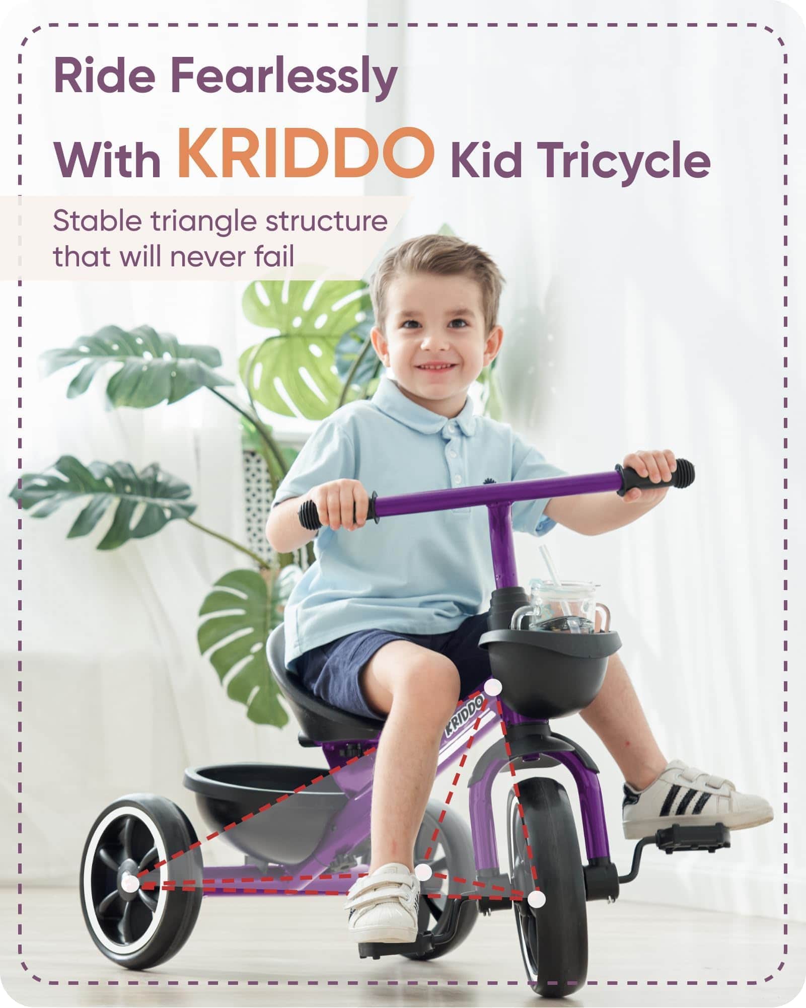 Triciclo para Niños KRIDDO Edad 24 Meses a 4 -Morado - Imagen 3